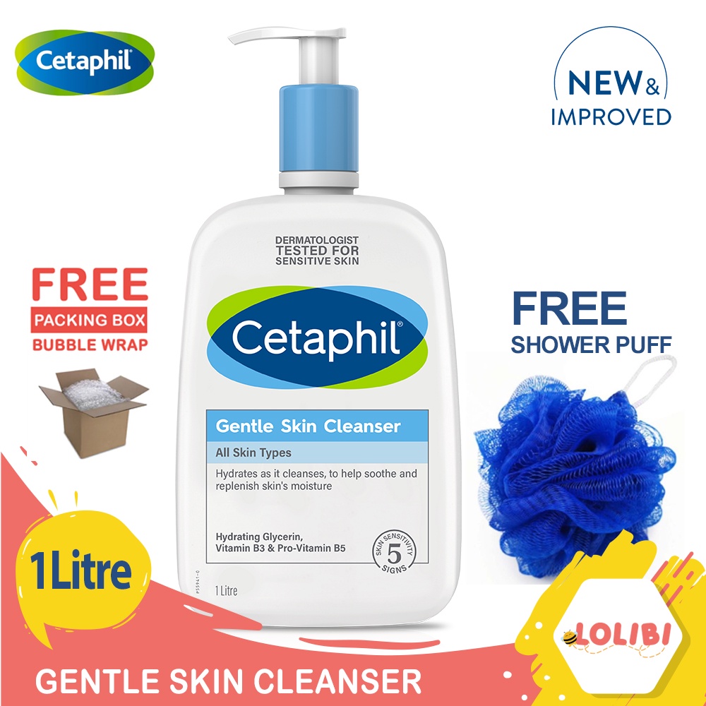 Jual Cetaphil Gentle Skin Cleanser 1000ml - Free Shower Puff | Shopee ...