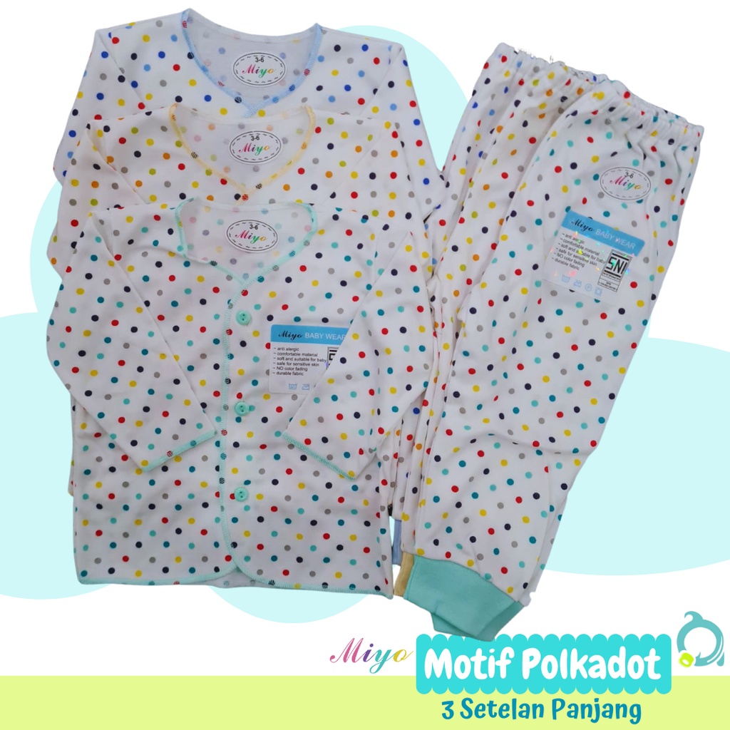 MIYO 3 Setelan Panjang ( 3 Baju Panjang &amp; 3 Celana Panjang ) Polkadot Size 0-3 &amp; Size 3-6