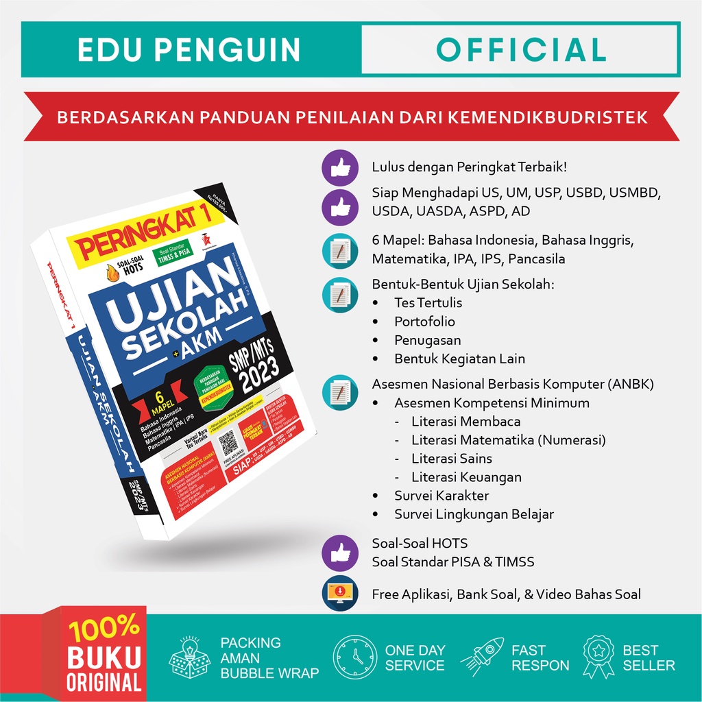 Edu Penguin Buku Peringkat 1 Ujian Sekolah + AKM USBN SMP/MTs 2023