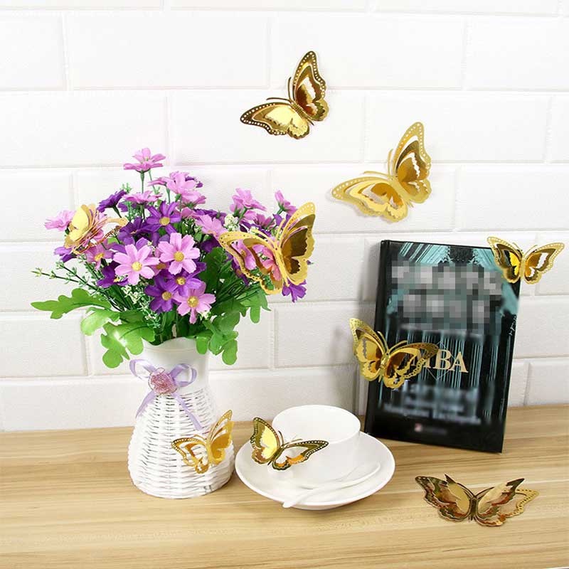 Stiker Dinding Kupu-Kupu 3D Berongga 3lapis/kupu-kupu Emas DIY Ruang Tamu Pernikahan Decal Dekorasi