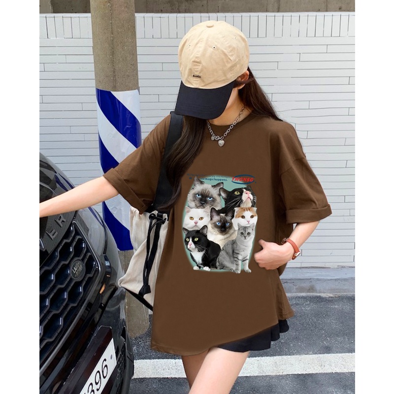 [chaoo.id]Cat Kaos Lengan Pendek Cream Atasan Wanita Oversize Printed T-shirt Kekinian Korean Style/kaos jumbo