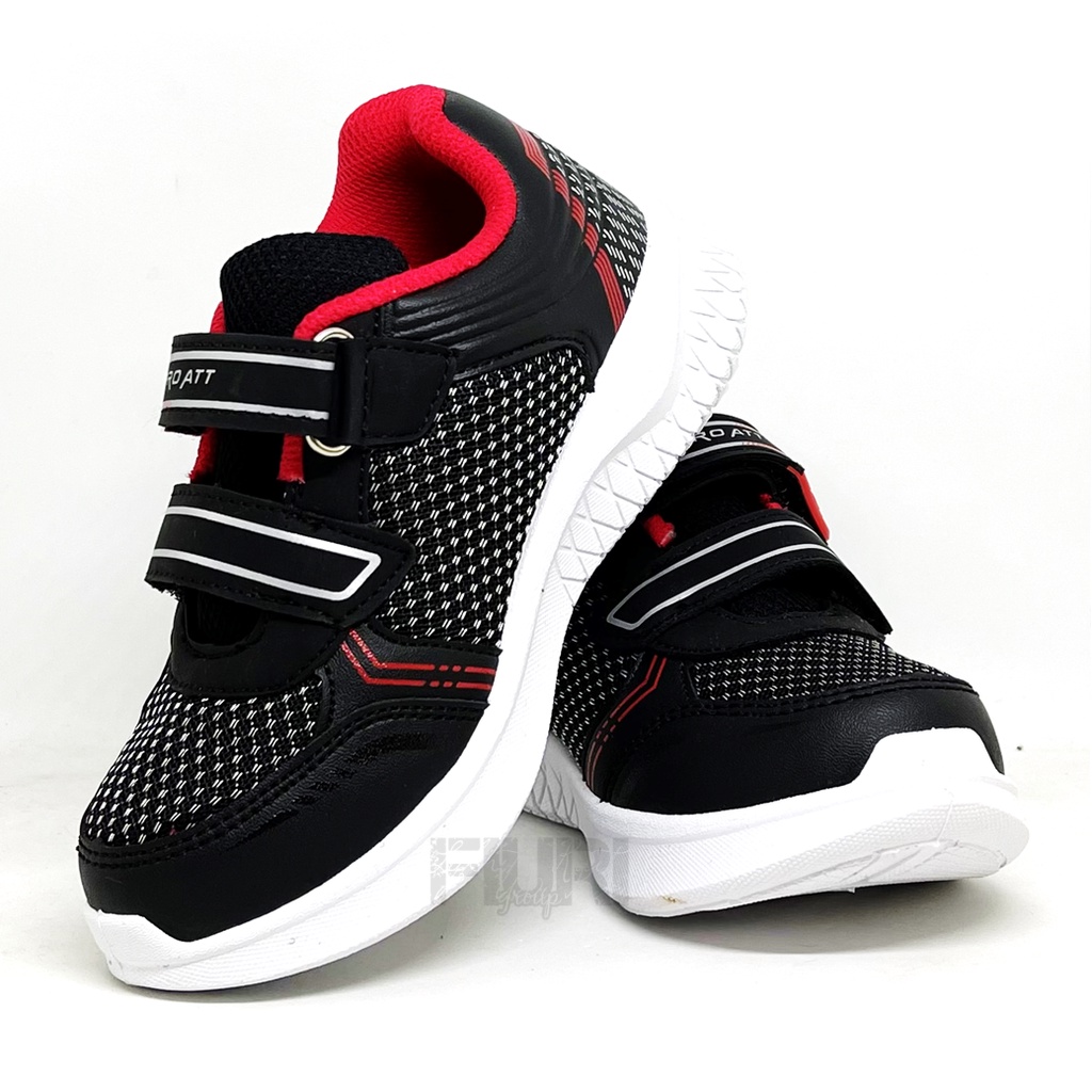 FIURI - Pro ATT - KIS 062 PEREKAT 28-33 HITAM MERAH - Sepatu Kets Anak Perempuan Laki-Laki -Sepatu Sneakers Anak - Sepatu Olahraga Sport Anak Balita Cewek Cowok Perekat - Sepatu Casual PEREKAT Anak Kecil - Sepatu Sekolah Hitam Anak PAUD TK SD Murah