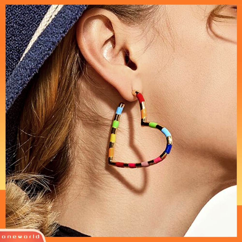 [WONE] Wanita Multicolor Garis Hati Besar Hoop Anting Pesta Tindik Perhiasan Hadiah