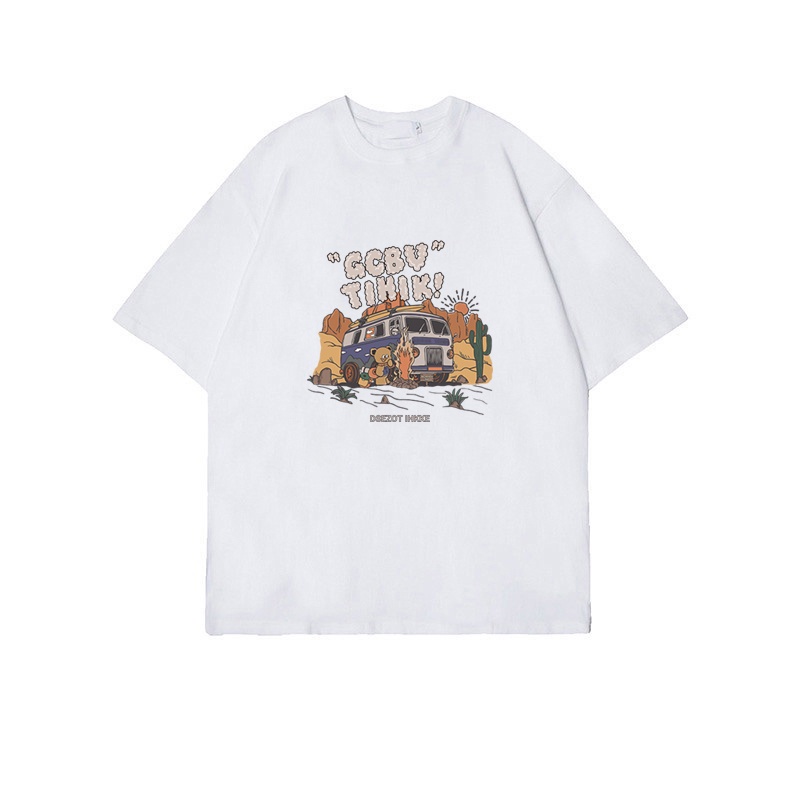 100% Katun Graphic Tee Baju Wanita Cartoon Cute Bear and Letter Atasan Wanita Oversize Kaos Putih T-shirt Couple Korean Style