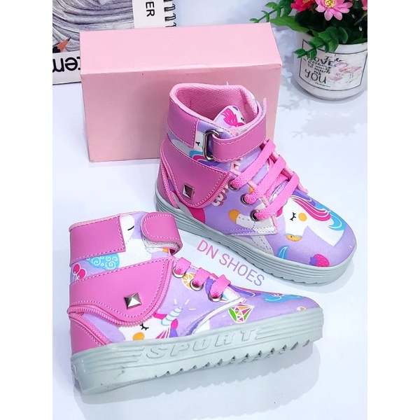 Sepatu Anak Perempuan Boots Anak Perempuan Sepatu Boot anak Sepatu Tali Anak Karakter Unicorn Ungu Cute