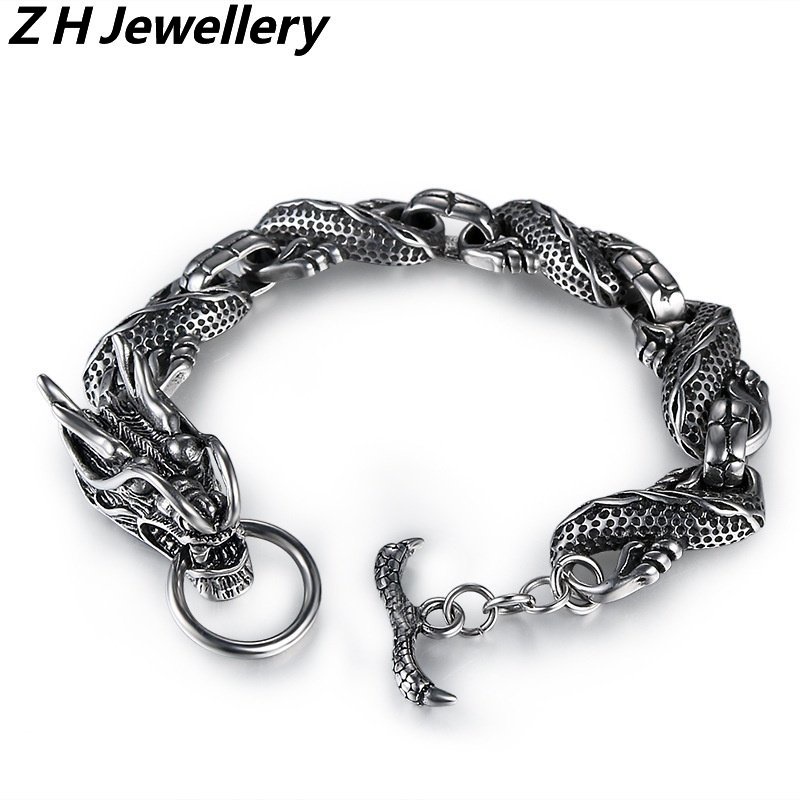 [Z H Perhiasan] Hip Hop Rock Retro Pria Fashion Gelang Naga Stainless Steel Pesta Perhiasan Aksesoris