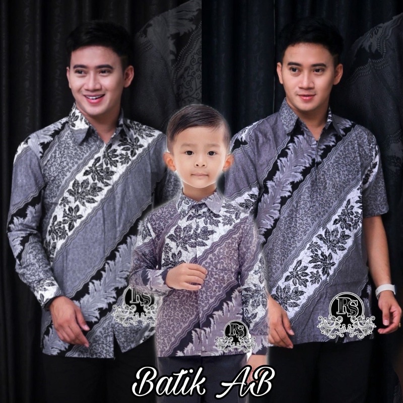 BAJU BATIK COUPLE AYAH DAN ANAK  MODERN BATIK COUPLE LENGAN PANJANG WARNA ABU