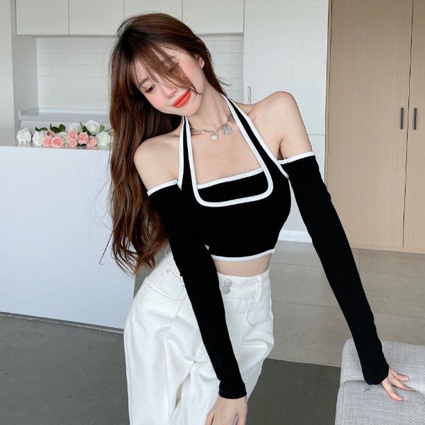 ●Suhao lengan panjang t-shirt desain masuk akal hati-hati mesin hot gadis palsu dua potong menggantung leher atas awal musim gugur baru satu bahu keinginan murni pakaian wanita