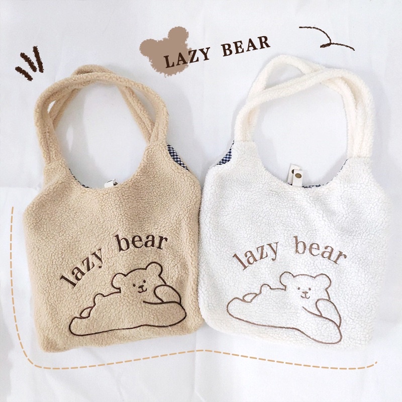 TOTEBAG LAZY BEAR WARNA CREAM DAN PUTIH / TAS KEPIT / TAS TENTENG / TAS JINJING WANITA / TAS SERBA GUNA MULTIFUNGSI / TAS LUCU PIKNIK /  TAS OOTD FASHION / AERI FUR TOTE BAG / TAS KULIAH SEKOLAH / TAS SELEMPANG SHOULDER BAG PREMIUM