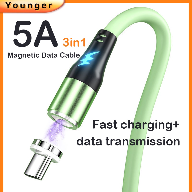 Kabel Data Usb Led Magnetik Berputar 3in1 5A Silikon Micro Usb Fast Charging Wire Untuk i-phone Tipe C Android Data Line