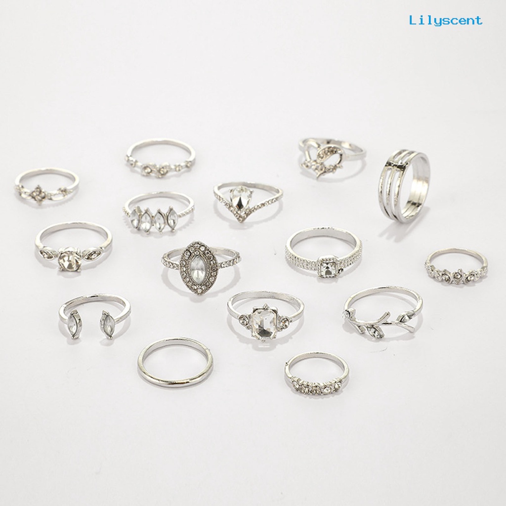 [LS] 15pcs/set Cincin Fashion Kerajinan Tangan Geometris Hati Kristal Imitasi Perhiasan Ring Untuk Pesta