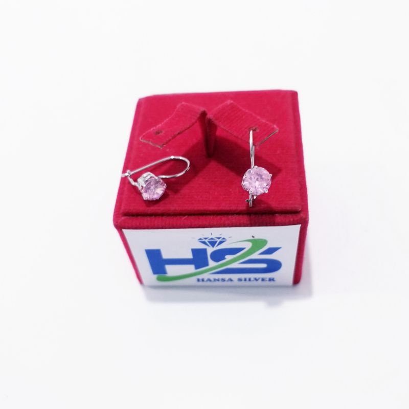 Anting Perak Wanita Asli Silver 925 Lapis Emas Putih Model Desi Batu Pink 1Gram - Anting Wanita Anti Karat