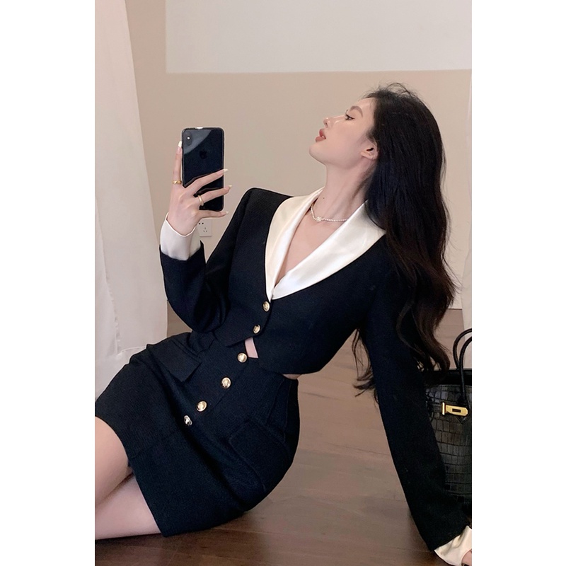 ❏♚☬Suhao Korea jahitan kasual lengan panjang jaket wanita awal musim gugur hitam v-neck slim-fit temperamen high-end short cardigan top