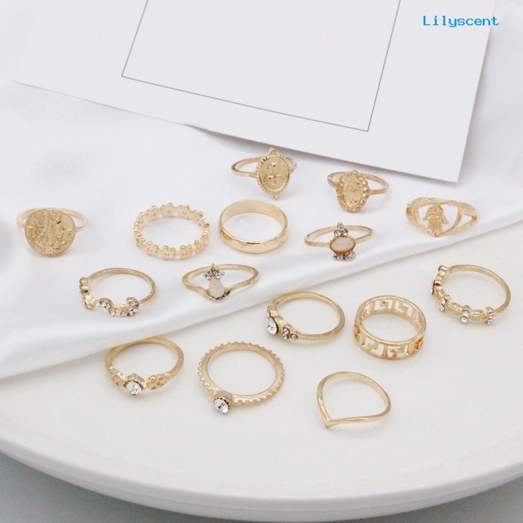 [LS]15Pcs /Set Cincin Fashion Cincin Artistik Paduan Hati Cincin Jari Kristal Imitasi Untuk Pakaian Sehari-Hari