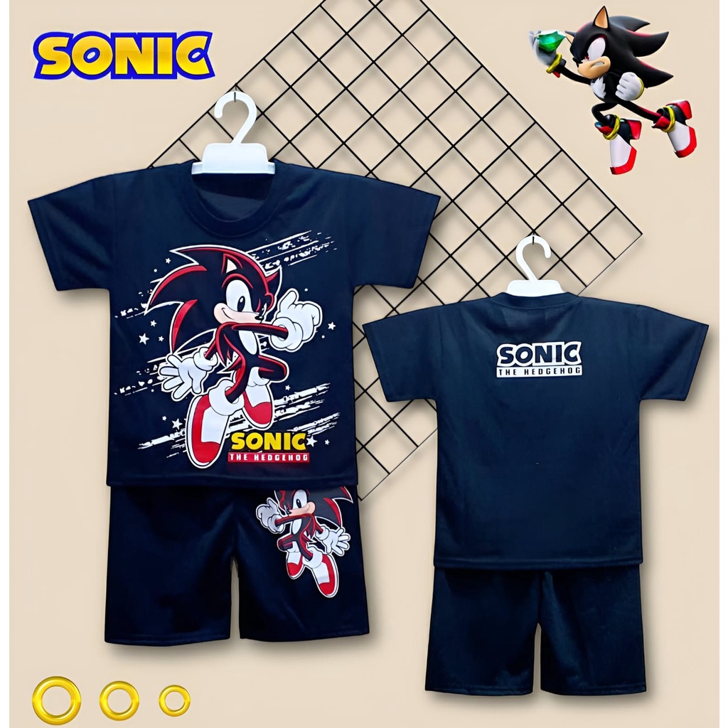 SETELAN BAJU ANAK SONIC HITAM FREE TOPI UNTUK ANAK 2-10 TAHUN BISA COD