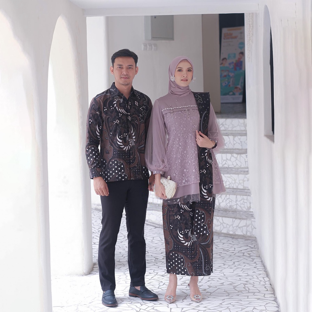 BISA COD - Batik Kebaya Couple Livia Tulle Mutiara Mix Payet Premium Rok Span Pinggang Karet Allsize Kemeja Pria Lengan Panjang Kebaya Wisuda Lamaran