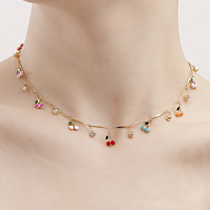 Warna-warni Menetes Cherry Zirkon Liontin Kalung Untuk Wanita Seksi Pendek Pantai Chokers Klavikula Rantai Perhiasan Boho Aksesoris