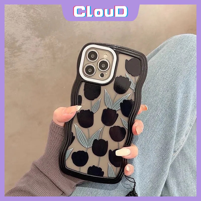 IPHONE Casing Ponsel Tpu Lembut Bunga Tulip Retro Kompatibel Untuk Iphone11 Pro Max 7Plus XR X XS Max 13 11 12 14 Pro Max 6s 6 7 8 Plus SE 2020sarung Tepi Bergelombang Hitam