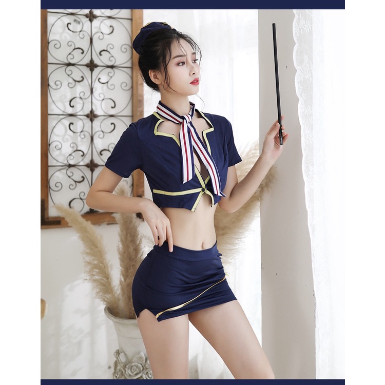 Lingerie Wanita Sexy Seragam pramugari Cosplay Set Pakaian dalam Seragam Siswa Halloween A368