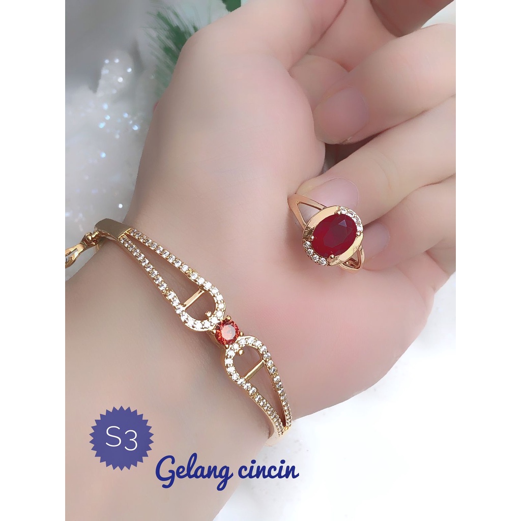 XUPED Set Perhiasan Lapis Emas Xuping Gelang Ring Cincin Full Permata Merah Cantik Gold Titanium Rea