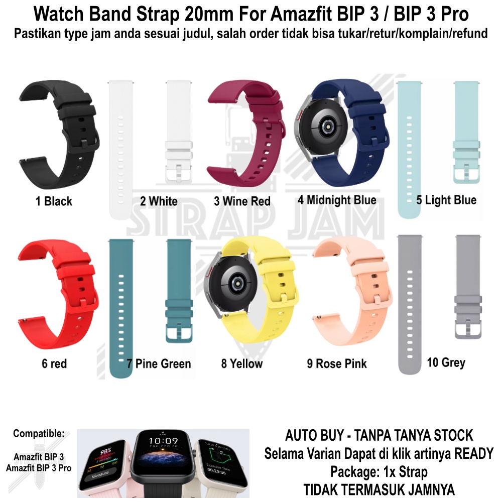 PWK Tali Jam Tangan Amazfit BIP 3 Pro - Strap 20mm Silikon Rubber Aneka Warna Polos Simple