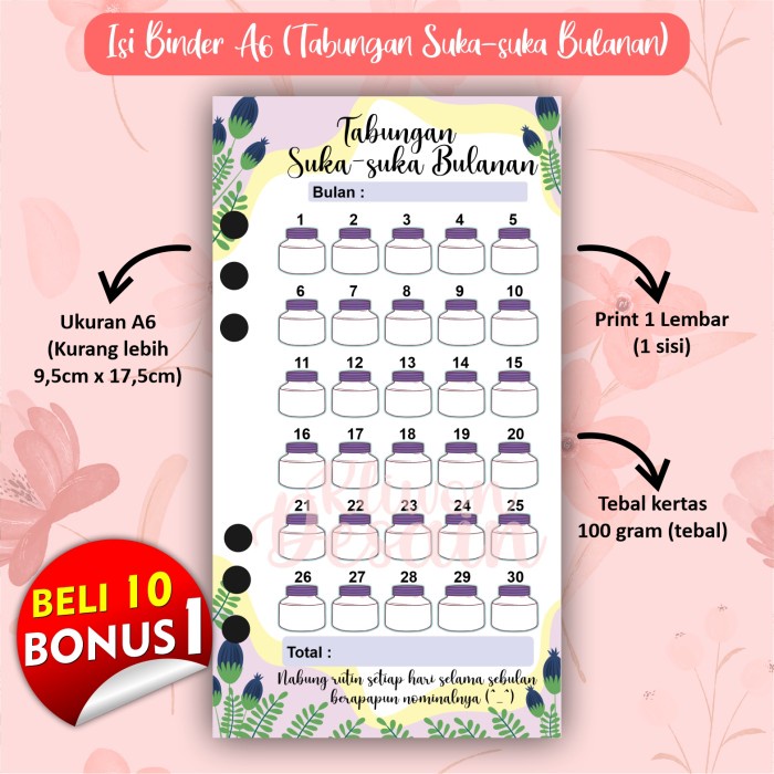 

ISI KERTAS BINDER A6 RING 6 TABUNGAN SUKA-SUKA BULANAN