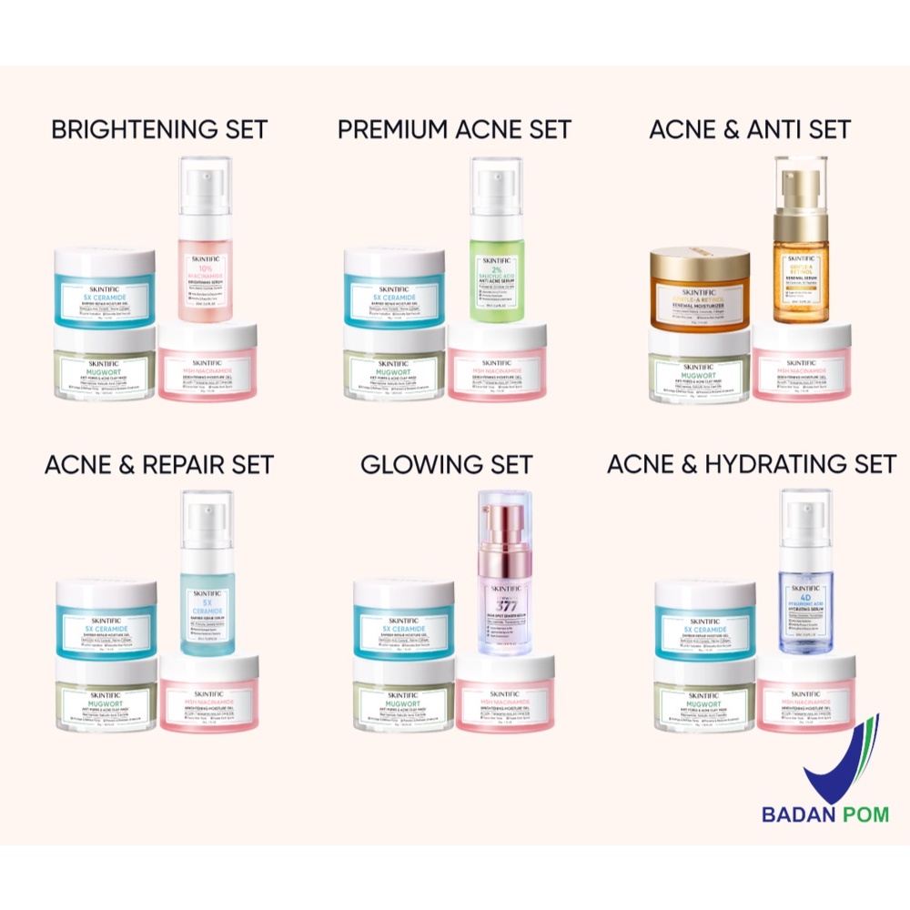 【Ready Stock】ori SKINTIFIC 4pcs Daily Glowing &amp; Acne Set- MSH Niacinamide Moisture Gel Moisturizer Face Cream / 5X Ceramide Moisturizer /Mugwort Acne Clay Mask / Brightening Serum /Anti Acne Serum / 377 Dark Spot Serum / Hydrating Serum 20ml Skincare Set