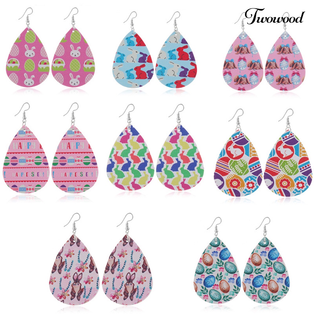 Twowood Wanita Easter Bunny Telur Teardrop Menjuntai Kulit Imitasi Kait Anting Perhiasan Hadiah