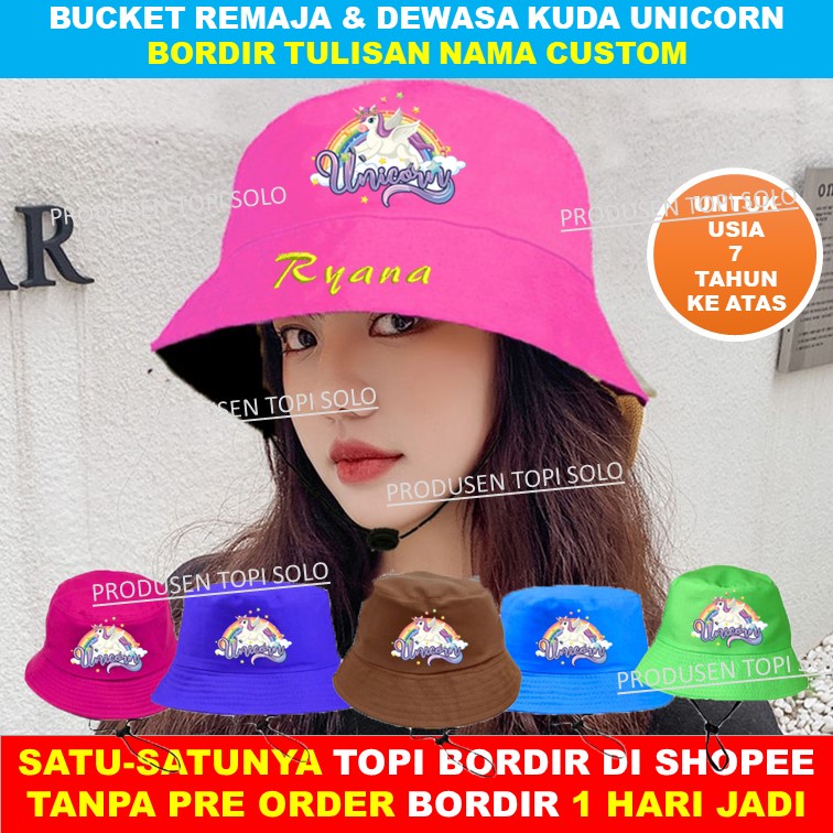 Topi Bucket Dewasa Unicorn Kuda Tanduk Custom Bordir Nama Untuk Remaja &amp; Dewasa