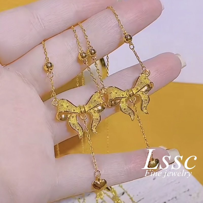 Kalung Titanium Anti Karat Pita Lucu Cantik Emas 18K Aksesoris Wanita Fashion Korea