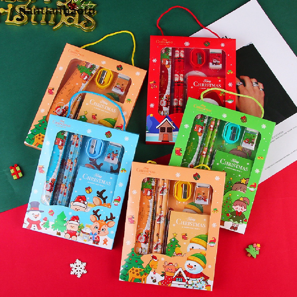 6pcs / Set Pensil + Penghapus + Penggaris + Serutan + Rautan + Rautan Motif Natal Untuk Stationery Anak / Sekolah / Kantor