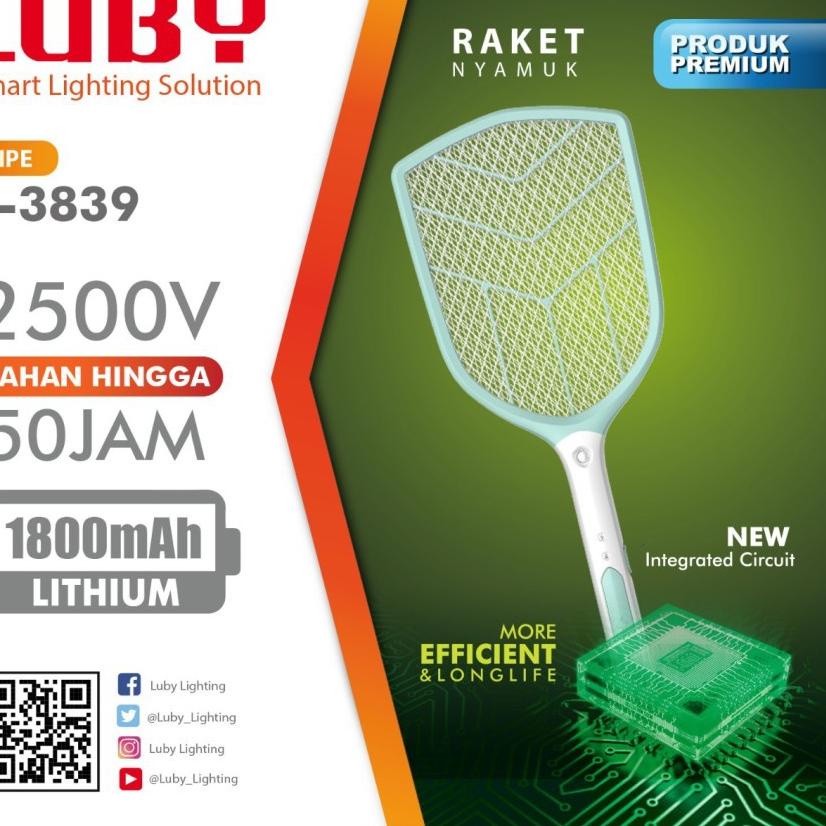 Baru Hemat Raket Nyamuk Cas Luby 3839 Batre 1800 mAh Bisa Diganti + Kabel Chager