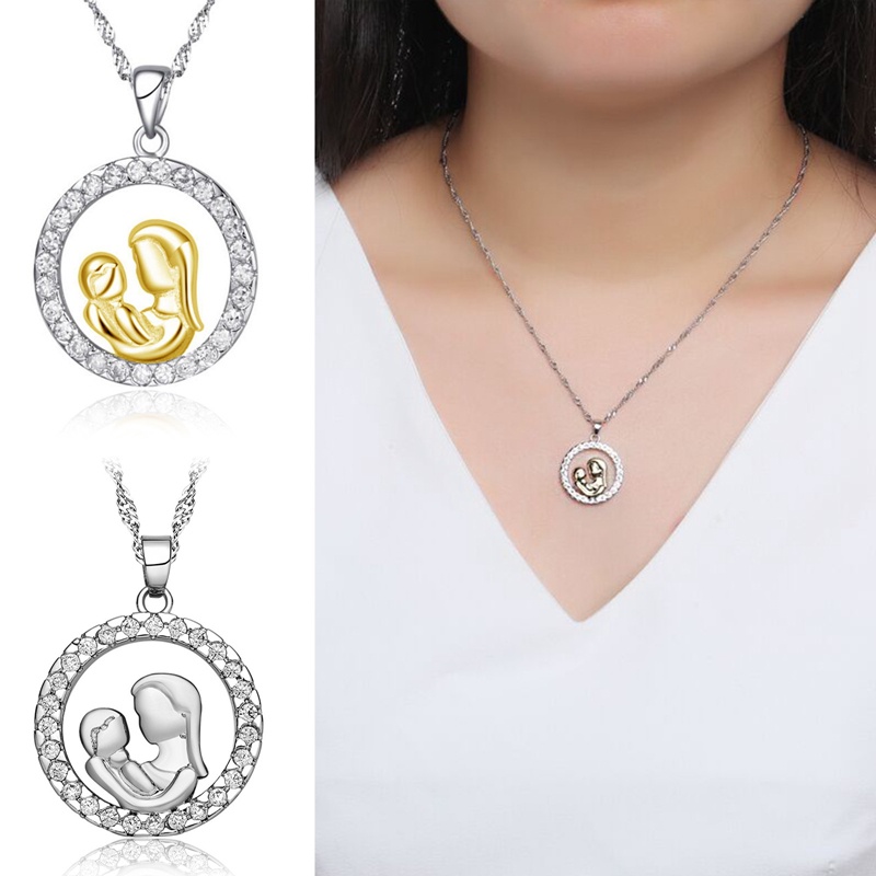 Wanita Gadis Sterling Silver Ibu Anak Kalung Cubic Zirconia Cinta Hati Liontin Necklace