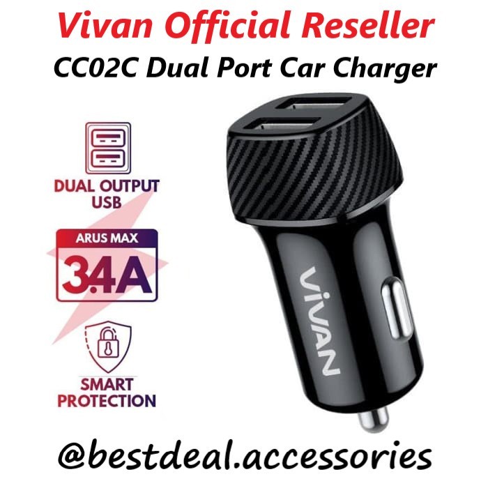 Charger Mobil Vivan Car Charger CC02C 3 4A Dual USB Smart IC Quick Charging  CC02C colokan cas mobil