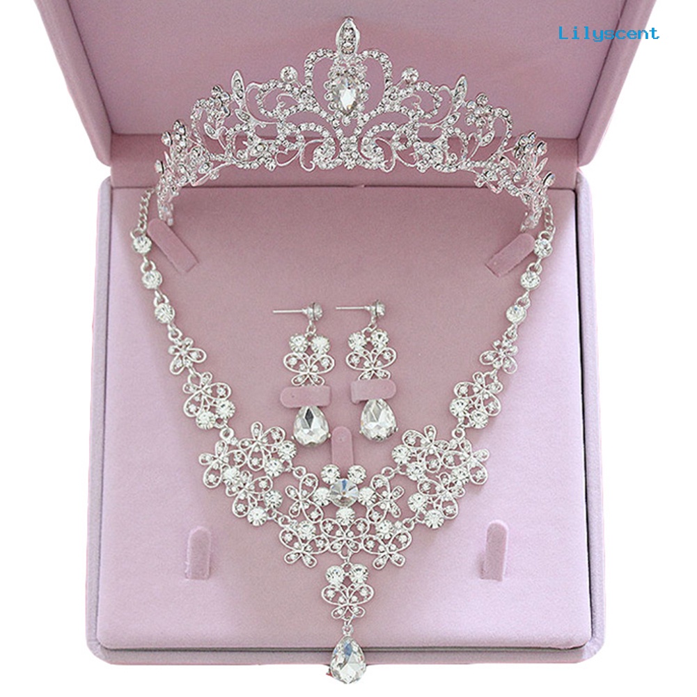 [LS]3Pcs/Set Berlian Imitasi Kupu-Kupu Kalung Mahkota Anting Pengantin Pernikahan Perhiasan Hadiah