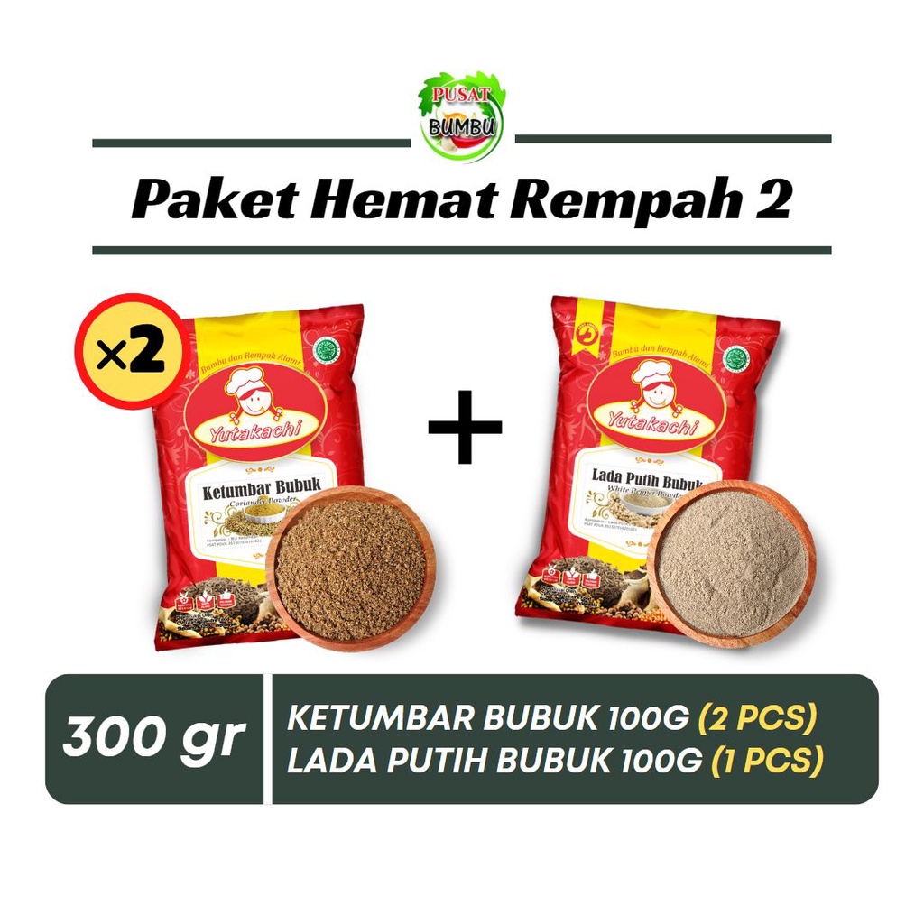 PAKET HEMAT REMPAH 2 / Ketumbar bubuk 2pcs + lada putih bubuk 1pcs 100gr Yutakachi Bumbu dan Rempah Alami