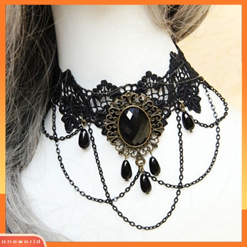 [WONE] Wanita Retro Gothic Hitam Chokers Renda Hollow Rantai Kerah Fashion Kalung