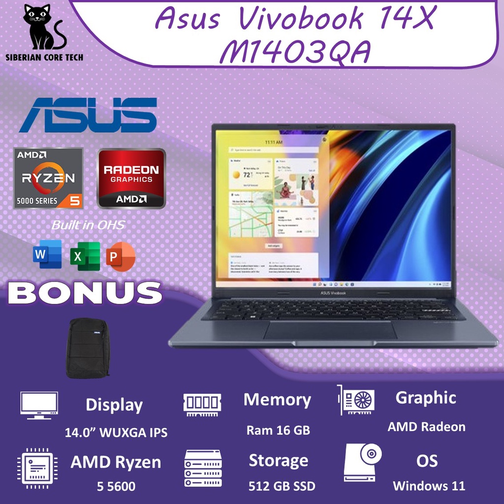 Laptop Asus Vivobook 14X M1403QA RYZEN 5 5600H 16GB 512GB SSD VEGA7 W11+OHS 14.0WUXGA IPS RAM SLOT