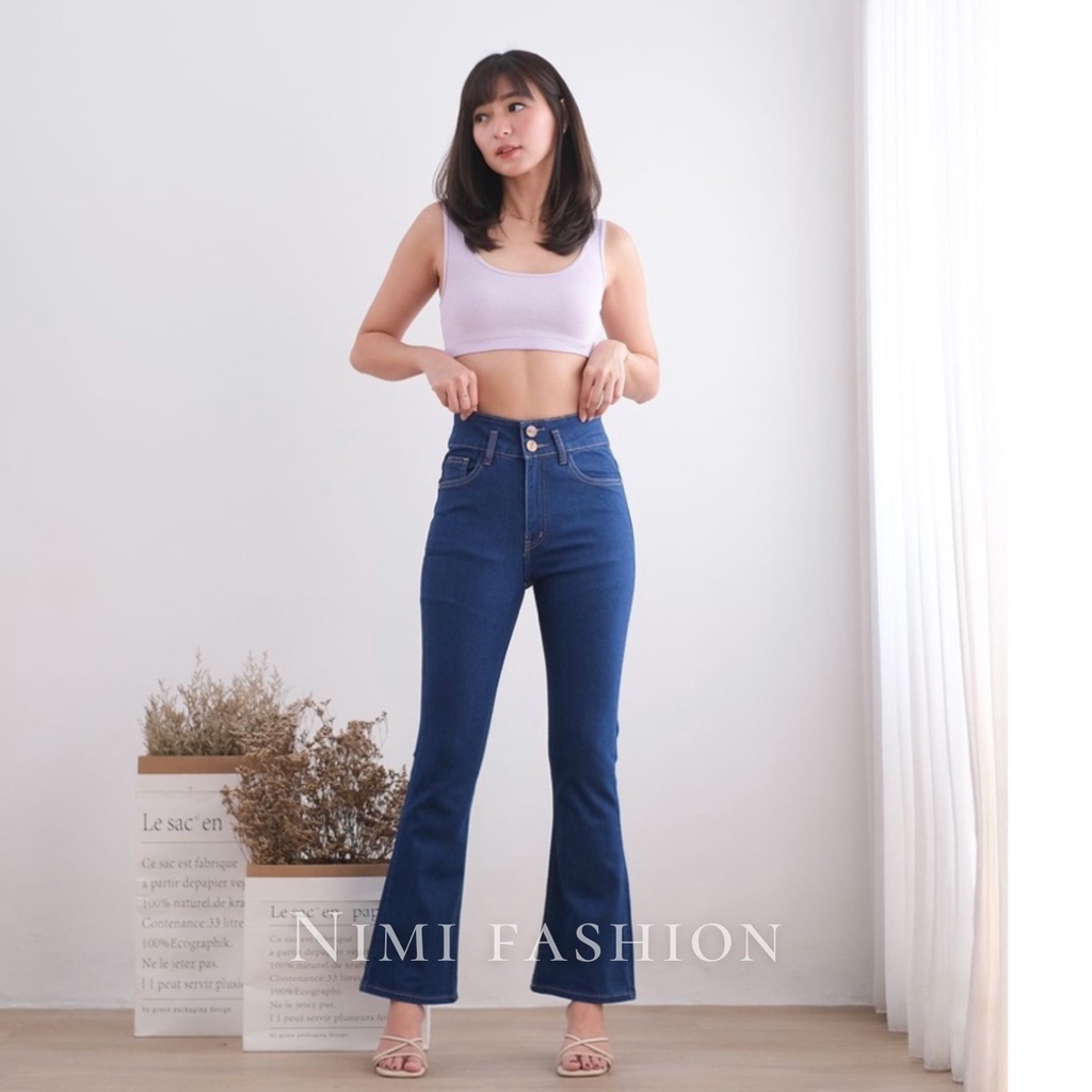 NIMI - Ivey HW Celana Jeans Cutbray Highwaist Stretch Wanita Denim Blue