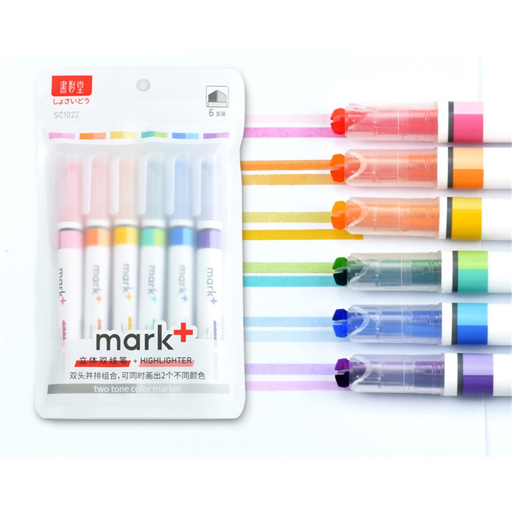 6pc /box Siswa Sekolah Warna-Warni Garis Ganda fluorescent Tangan Akun pen Stabilo Spidol
