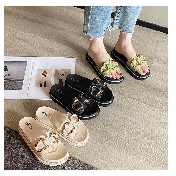 GROSIRTAS TG1640 Sandal Wedges Wanita Import Motif 2 Rantai Segitiga Cantik