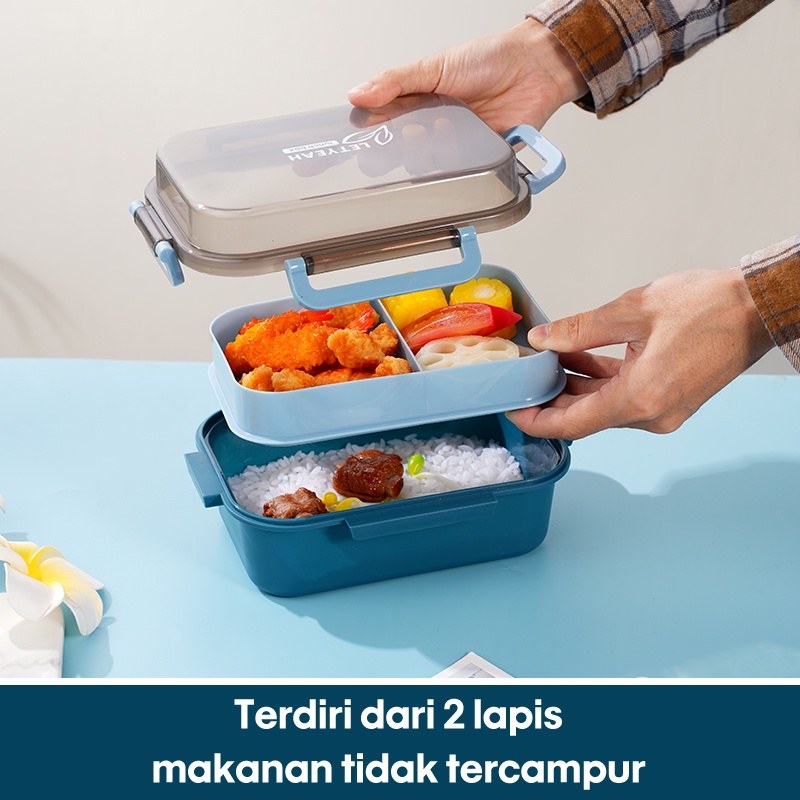 Letyeah &amp; Kaizenliving Kotak Makan 2 Tingkat 1000 ml / Lunch Box Anti Bocor / Tempat Bekal / Free Sendok / Food Grade