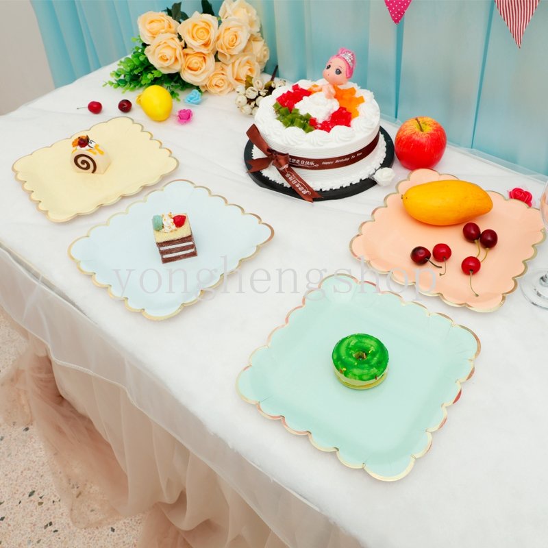 8 Pcs/set Persegi Piring Kertas Sekali Pakai 9 Inci Pernikahan Baby Shower Pesta Ulang Tahun Peralatan Makan Gilding Dessert Kue Piring Kertas