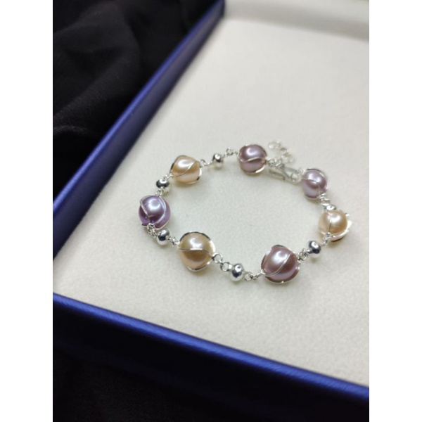 Gelang Perak Mutiara Mix Ungu dan Peach Kualitas Super
