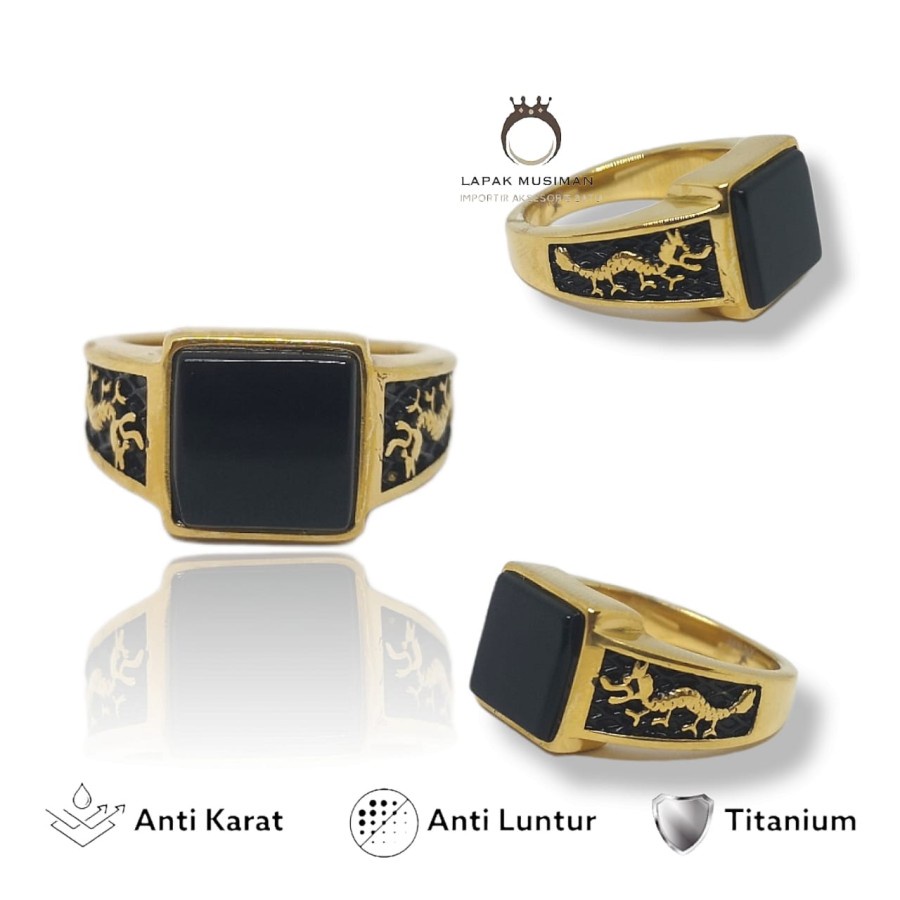 [Bayar Di Tempat] Cincin Pria Cowok Titanium Batu Onyx Anti Karat Model Naga