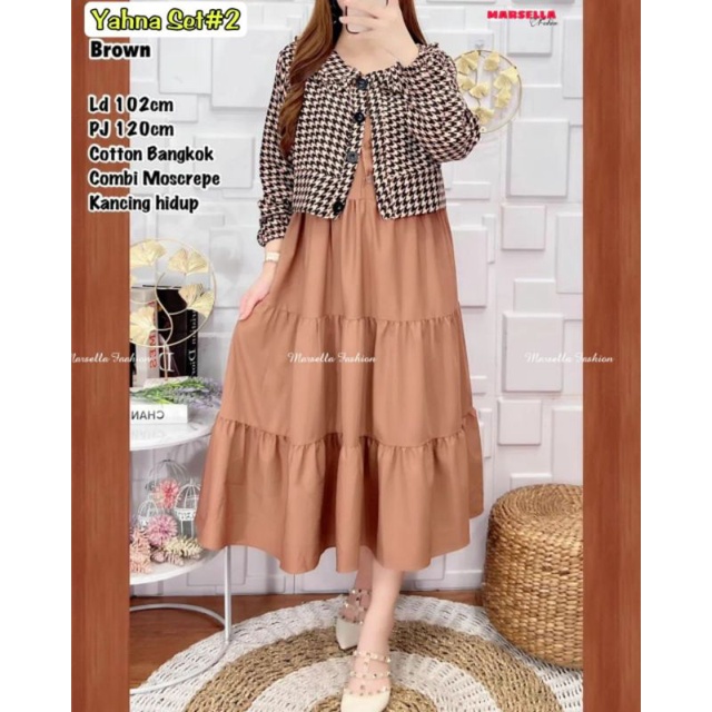 Yahna set midi dress dan outer cardy