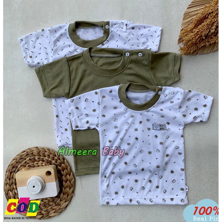 Ukuran S M L XL Isi 3 PCS Baju Bayi Kaos Oblong Lengan Pendek Kancing Pundak Usia 0-18 Bulan Almeera