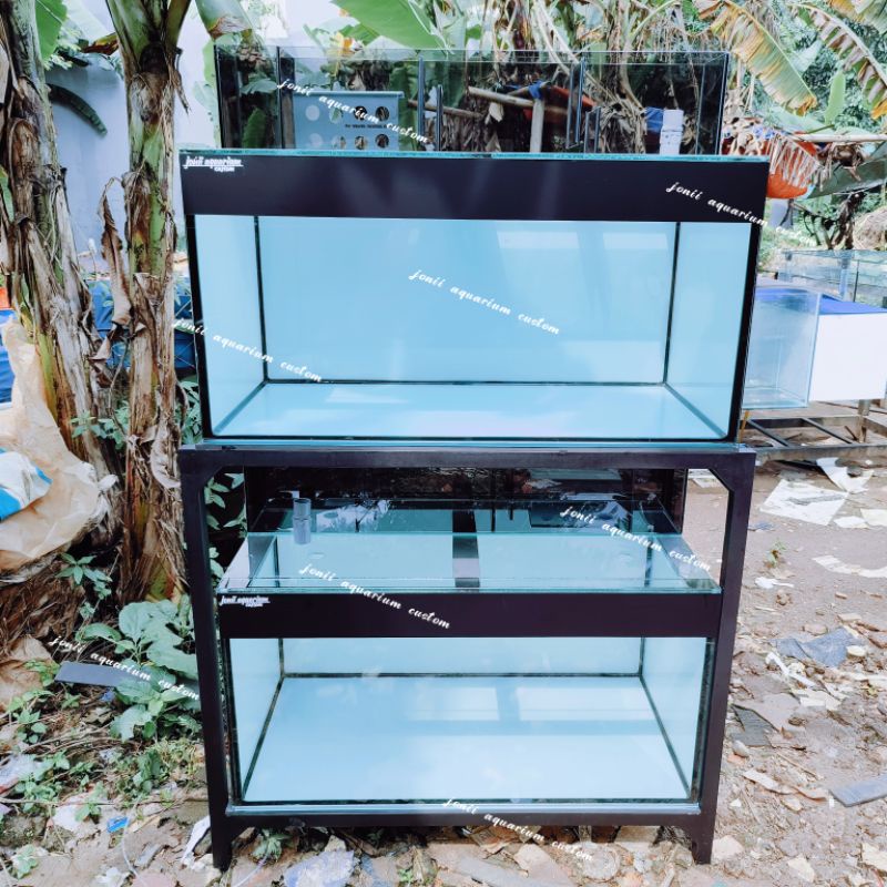aquarium 100x50x50 10mm full stiker putih sett filter kaca & cover aquarium kaca