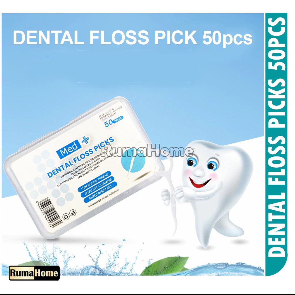 MED+ Dental floss Picks (kualitas super premium Higienis) benang pembersih gigi / pembersih sela gigi (isi 50) Per BOX Benang Gigi Charcoal &amp; Mint Sale