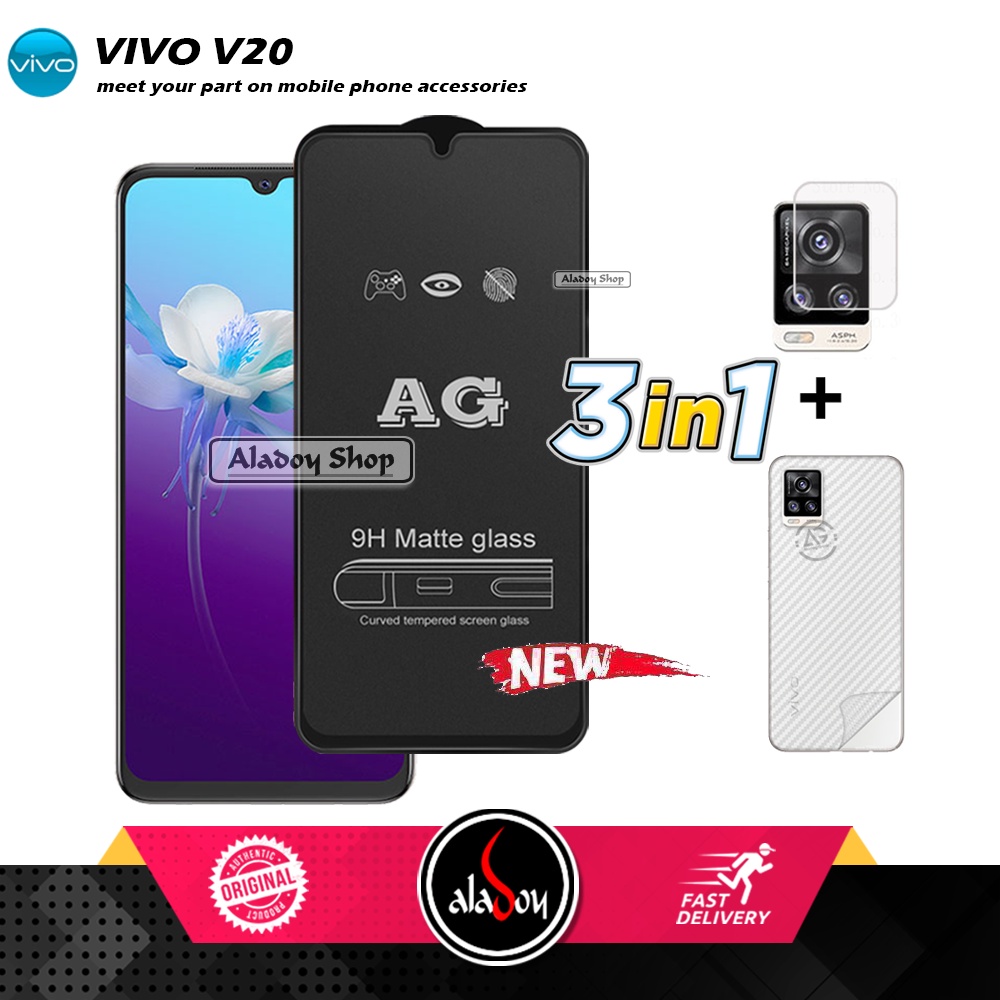 Paket 3IN1 Tempered Glass Layar Matte Anti Glare VIVO V20 Free Tempered Glass Camera dan Skin Carbon